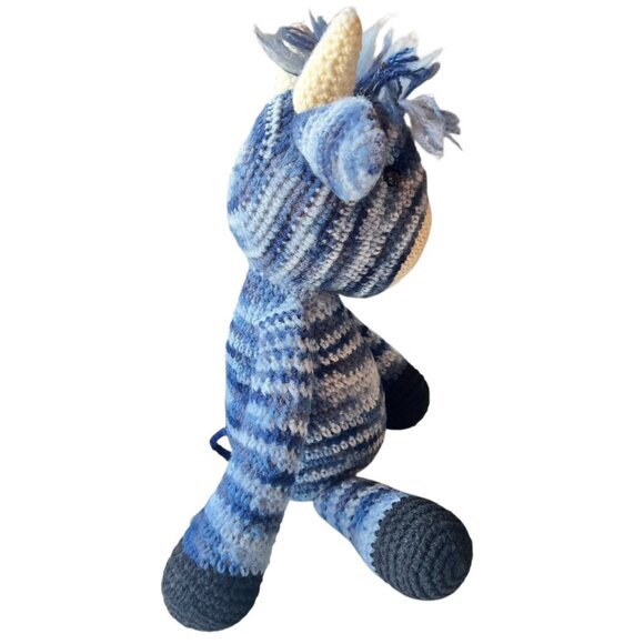 Hand Knitted Blue Striped Cow Toy Stuffed Animal Child’s Snuggle Gift - Picture 5 of 12